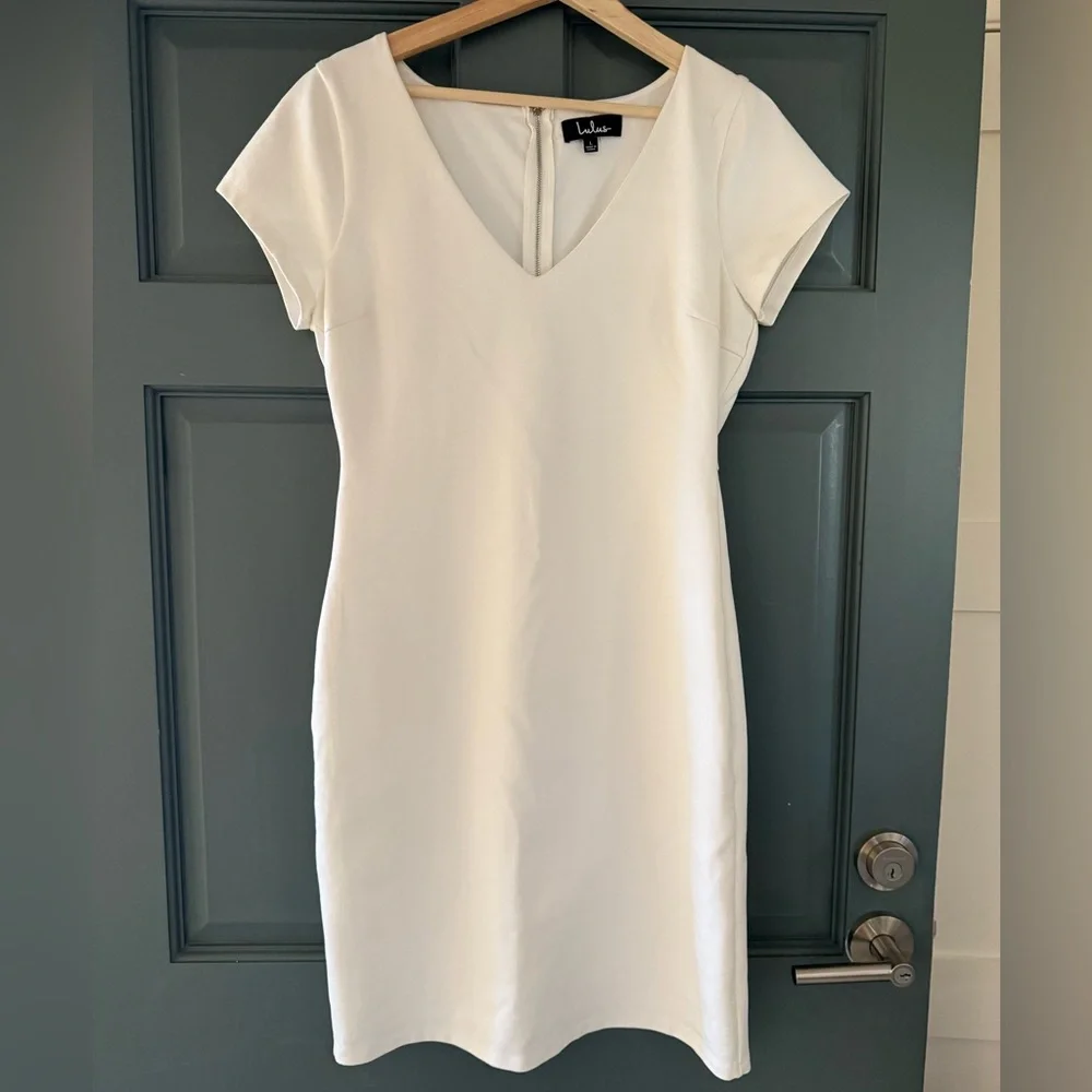 Lulu's Off-White V-Neck Sheath Midi Dress - Picture 3 of 8